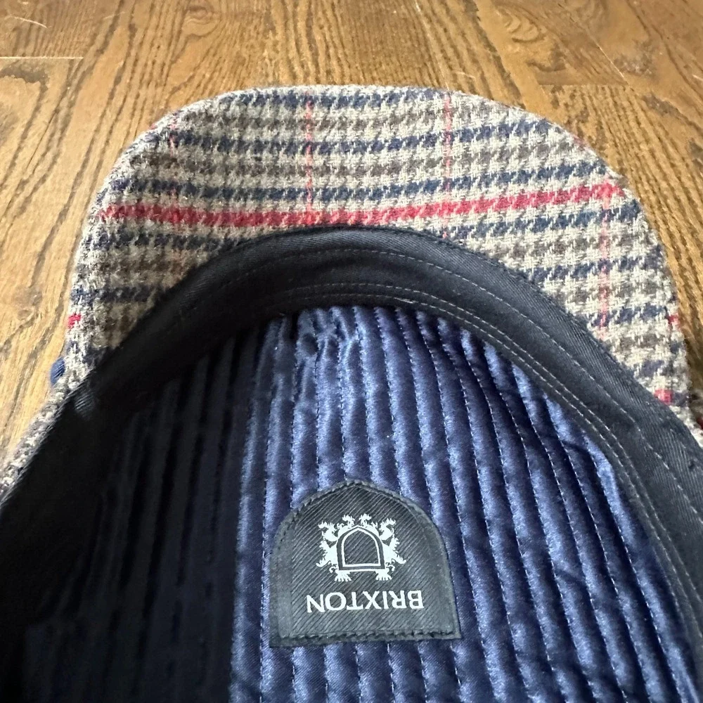 Brixton Fiddler Greek Fisherman Hat Plaid Cotton Newsboy Cap Brown Blue Small